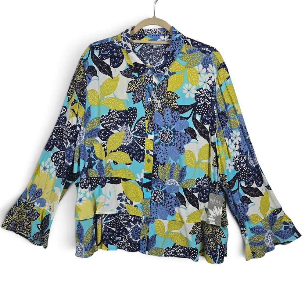 Habitat Shirt Womens XL 31920 Lake Blue Floral Tiered Bell Sleeve NWT New Top